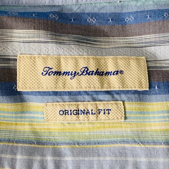 TOMMY BAHAMA Silk Cotton Stripe Shirt Men M Blue Green SS Button Up Hawaiian EUC - Picture 4 of 7